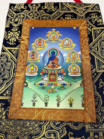 Tibetan buddhist dark blue silk brocade medicine buddha small thangka wall hanging/printed on canvas/handmade in nepal in Saudi Arabia