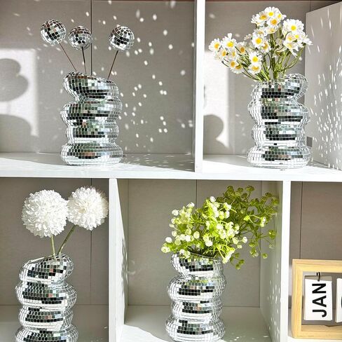 Disco Ball Spiral Vase Unique Glass Tiles Flower Bottle Disco Ball Planter Silver Mirror Vase Home Living Room Kitchen Office Table Decor (Silver) in Saudi Arabia
