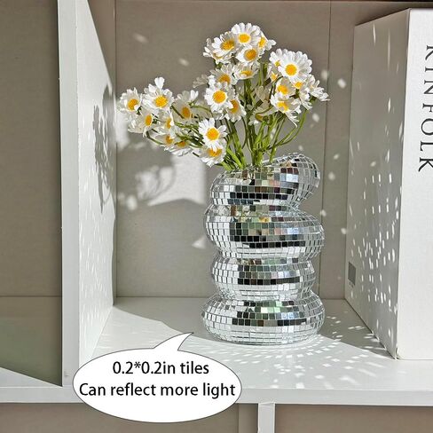 Disco Ball Spiral Vase Unique Glass Tiles Flower Bottle Disco Ball Planter Silver Mirror Vase Home Living Room Kitchen Office Table Decor (Silver) in Saudi Arabia