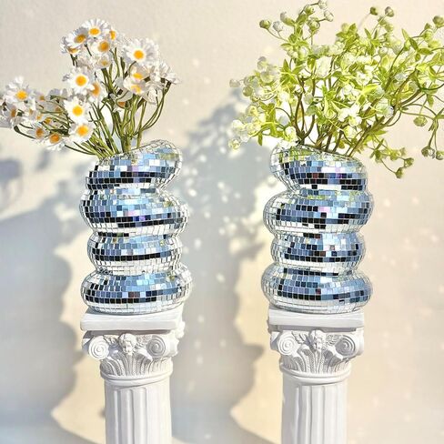 Disco Ball Spiral Vase Unique Glass Tiles Flower Bottle Disco Ball Planter Silver Mirror Vase Home Living Room Kitchen Office Table Decor (Silver) in Saudi Arabia