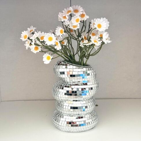 Disco Ball Spiral Vase Unique Glass Tiles Flower Bottle Disco Ball Planter Silver Mirror Vase Home Living Room Kitchen Office Table Decor (Silver) in Saudi Arabia