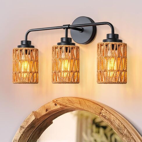3-Light Bathroom Light Fixtures Vanity Lights Over Mirror, Rustic Farmhouse Rattan Wall Sconce with Boho Hand Woven Wall Lamp Natural Style Wall Mounted Light Vanity Lighting for Bedroom Hallway in Saudi Arabia