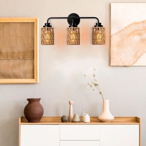 3-Light Bathroom Light Fixtures Vanity Lights Over Mirror, Rustic Farmhouse Rattan Wall Sconce with Boho Hand Woven Wall Lamp Natural Style Wall Mounted Light Vanity Lighting for Bedroom Hallway in Saudi Arabia