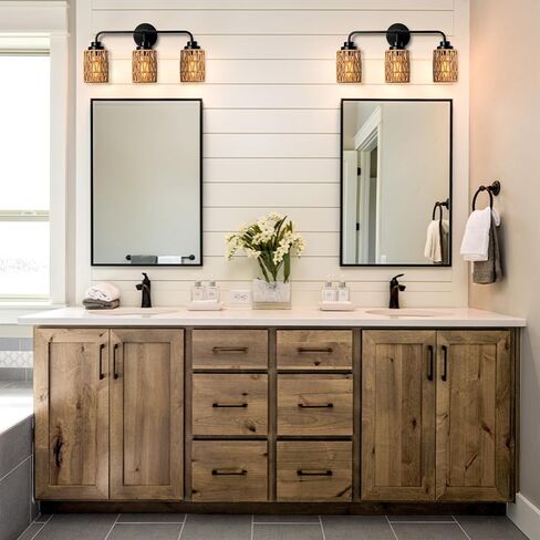 3-Light Bathroom Light Fixtures Vanity Lights Over Mirror, Rustic Farmhouse Rattan Wall Sconce with Boho Hand Woven Wall Lamp Natural Style Wall Mounted Light Vanity Lighting for Bedroom Hallway in Saudi Arabia