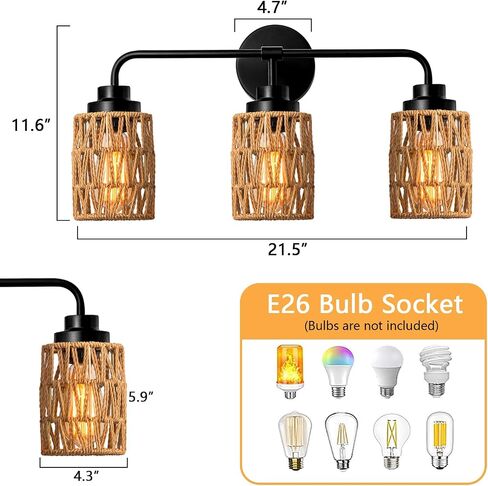 3-Light Bathroom Light Fixtures Vanity Lights Over Mirror, Rustic Farmhouse Rattan Wall Sconce with Boho Hand Woven Wall Lamp Natural Style Wall Mounted Light Vanity Lighting for Bedroom Hallway in Saudi Arabia