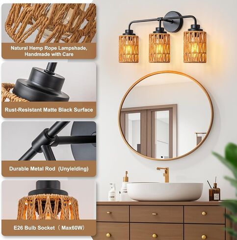 3-Light Bathroom Light Fixtures Vanity Lights Over Mirror, Rustic Farmhouse Rattan Wall Sconce with Boho Hand Woven Wall Lamp Natural Style Wall Mounted Light Vanity Lighting for Bedroom Hallway in Saudi Arabia