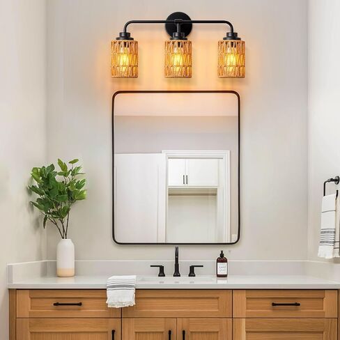 3-Light Bathroom Light Fixtures Vanity Lights Over Mirror, Rustic Farmhouse Rattan Wall Sconce with Boho Hand Woven Wall Lamp Natural Style Wall Mounted Light Vanity Lighting for Bedroom Hallway in Saudi Arabia
