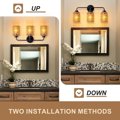 3-Light Bathroom Light Fixtures Vanity Lights Over Mirror, Rustic Farmhouse Rattan Wall Sconce with Boho Hand Woven Wall Lamp Natural Style Wall Mounted Light Vanity Lighting for Bedroom Hallway in Saudi Arabia