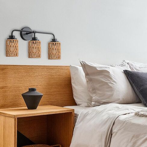 3-Light Bathroom Light Fixtures Vanity Lights Over Mirror, Rustic Farmhouse Rattan Wall Sconce with Boho Hand Woven Wall Lamp Natural Style Wall Mounted Light Vanity Lighting for Bedroom Hallway in Saudi Arabia