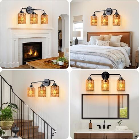 3-Light Bathroom Light Fixtures Vanity Lights Over Mirror, Rustic Farmhouse Rattan Wall Sconce with Boho Hand Woven Wall Lamp Natural Style Wall Mounted Light Vanity Lighting for Bedroom Hallway in Saudi Arabia