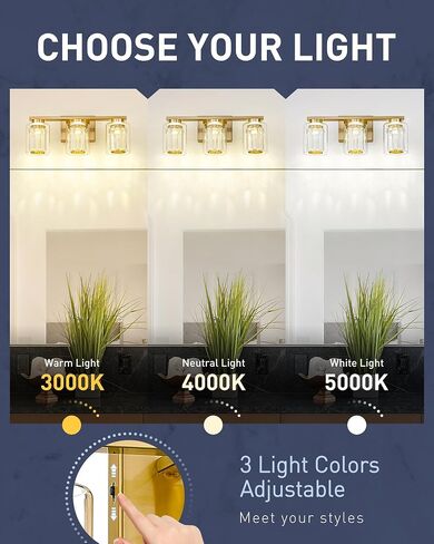 kudos Modern Crystal Bathroom Vanity Light, Brushed Gold Bathroom Light Fixture Over Mirror 3 Light,Bathroom Lighting Fixture,3000K/4000K/5000K Adjustable,KDVL08-GD-3 in Saudi Arabia