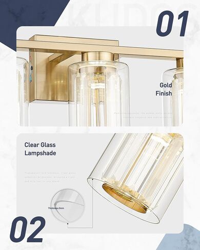 kudos Modern Crystal Bathroom Vanity Light, Brushed Gold Bathroom Light Fixture Over Mirror 3 Light,Bathroom Lighting Fixture,3000K/4000K/5000K Adjustable,KDVL08-GD-3 in Saudi Arabia