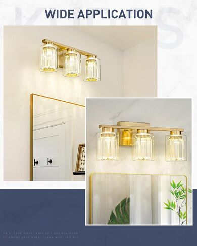 kudos Modern Crystal Bathroom Vanity Light, Brushed Gold Bathroom Light Fixture Over Mirror 3 Light,Bathroom Lighting Fixture,3000K/4000K/5000K Adjustable,KDVL08-GD-3 in Saudi Arabia
