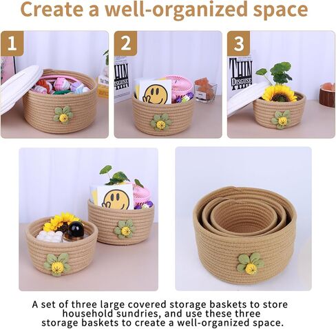 A Set of Three Large Covered Storage Baskets, Handmade Woven Fresh Style Desktop Decoration, Organizing Household Miscellaneous Items in Saudi Arabia