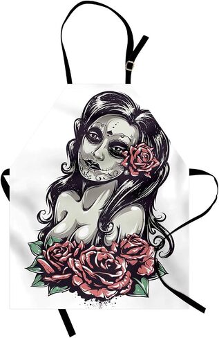 Lunarable Gothic Apron, Girl and Roses Concept Illustration Print, Unisex Kitchen Bib with Adjustable Neck for Cooking Gardening, Adult Size, Black Pink in Kuwait