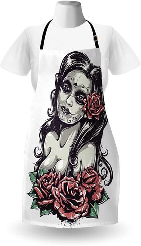 Lunarable Gothic Apron, Girl and Roses Concept Illustration Print, Unisex Kitchen Bib with Adjustable Neck for Cooking Gardening, Adult Size, Black Pink in Kuwait