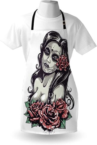 Lunarable Gothic Apron, Girl and Roses Concept Illustration Print, Unisex Kitchen Bib with Adjustable Neck for Cooking Gardening, Adult Size, Black Pink in Kuwait