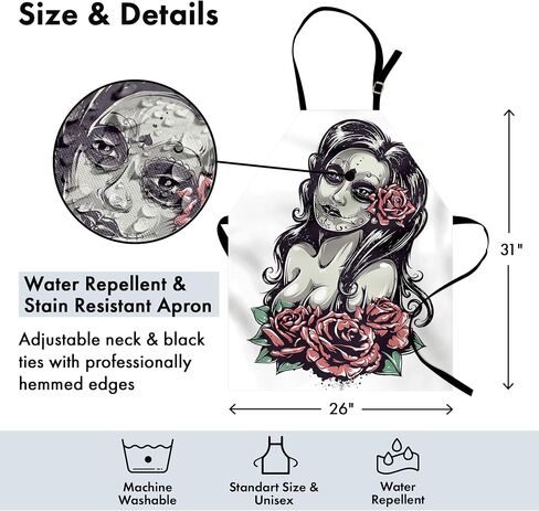 Lunarable Gothic Apron, Girl and Roses Concept Illustration Print, Unisex Kitchen Bib with Adjustable Neck for Cooking Gardening, Adult Size, Black Pink in Kuwait