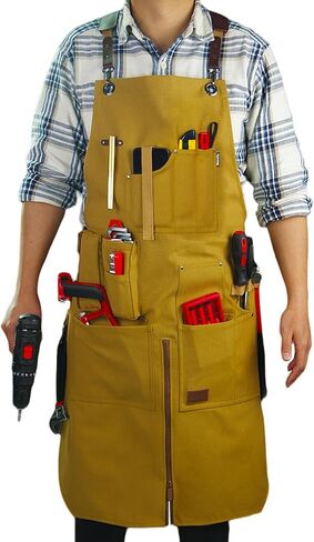 Work Apron, Canvas Apron, Adjustable Weight, Tool Aprons with Multiple Pockets, Adjustable Zipper, Metal Ring, Tape Measure Clip, Apron for Men Women, 27In*36In, Khaki. in Saudi Arabia