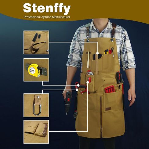 Work Apron, Canvas Apron, Adjustable Weight, Tool Aprons with Multiple Pockets, Adjustable Zipper, Metal Ring, Tape Measure Clip, Apron for Men Women, 27In*36In, Khaki. in Saudi Arabia