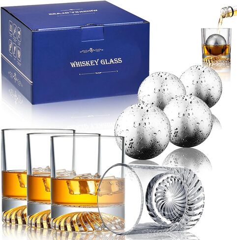 Whiskey Glasses, 4 Old Fashioned Glasses Set with 4 XXL Stainless Steel Ice Balls,10oz Whiskey Rocks Glasses Gift for Men,Bourbon Tumbler for Scotch Whisky Cognac,Rock Barware at Bar Home in Saudi Arabia