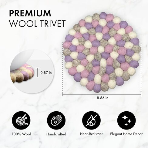 مجموعة من قطعتين - ركائز كبيرة من الصوف بنسبة 100% للأطباق الساخنة. جودة ممتازة، مقاوم للحرارة، واقي للطاولة | مصنوع يدويًا في نيبال | 22 سم / 8.66 بوصة (أرجواني) in Kuwait