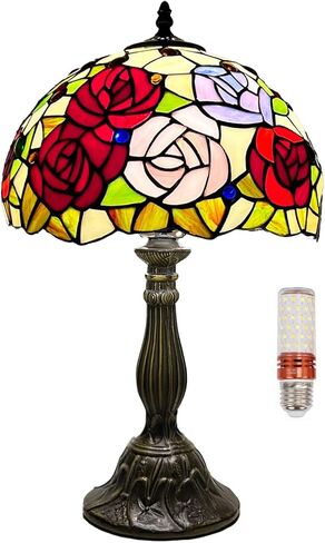 Tiffany Lamp Stained Glass Lamp,Colour Rose Tiffany Style Lamp,Antique Luxurious Bedside Desk Reading Light 17X10X10 Inches Desk Light Metal Base Decor Bedroom Living Room Home in Saudi Arabia