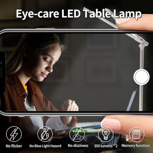 LQWELL® Double Head Desk Lamp LED Dimmable, Double Swing Arm LED Table Lamp 5 Colors and 10 Brightness Levels Eye-Friendly Reading Lamp with USB Charging Touch Control & Memory Function Timer in Saudi Arabia