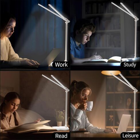 LQWELL® Double Head Desk Lamp LED Dimmable, Double Swing Arm LED Table Lamp 5 Colors and 10 Brightness Levels Eye-Friendly Reading Lamp with USB Charging Touch Control & Memory Function Timer in Saudi Arabia