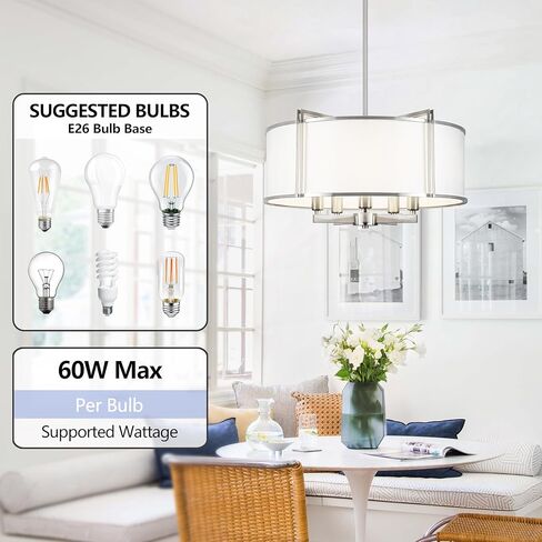 19.6'' Black Drum Chandelier 5-Light Modern White Fabric Chandeliers for Dining Room Adjustable Farmhouse Pendant Light Fixture for Kitchen Island Living Room Bedroom in Saudi Arabia