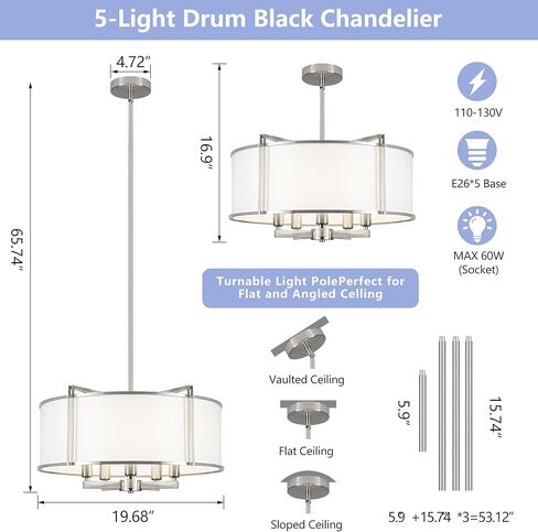 19.6'' Black Drum Chandelier 5-Light Modern White Fabric Chandeliers for Dining Room Adjustable Farmhouse Pendant Light Fixture for Kitchen Island Living Room Bedroom in Saudi Arabia