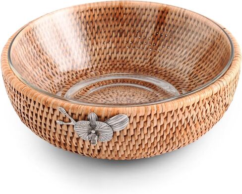 Vagabond House Handmade Lightweight Wicker Fruit Basket – Stylist Functional Rattan Serving Bowl with Orchid Design and Removable Glass Bowl - Wicker Basket Fruit Basket for Kitchen 10.5 inches in Kuwait