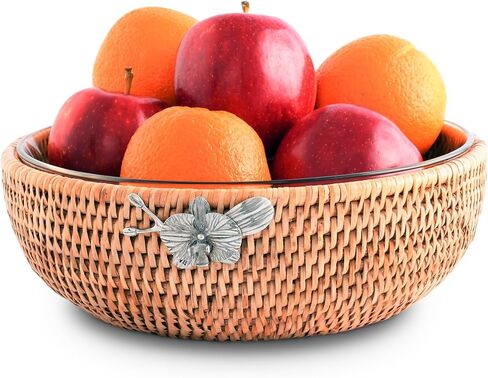 Vagabond House Handmade Lightweight Wicker Fruit Basket – Stylist Functional Rattan Serving Bowl with Orchid Design and Removable Glass Bowl - Wicker Basket Fruit Basket for Kitchen 10.5 inches in Kuwait