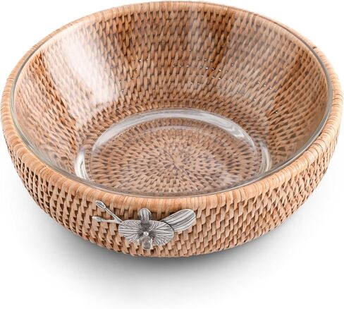 Vagabond House Handmade Lightweight Wicker Fruit Basket – Stylist Functional Rattan Serving Bowl with Orchid Design and Removable Glass Bowl - Wicker Basket Fruit Basket for Kitchen 10.5 inches in Kuwait