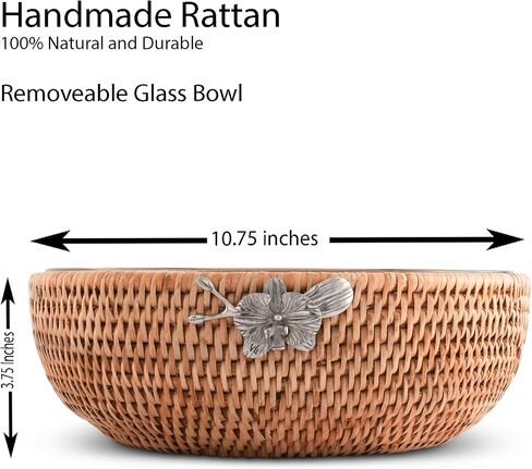 Vagabond House Handmade Lightweight Wicker Fruit Basket – Stylist Functional Rattan Serving Bowl with Orchid Design and Removable Glass Bowl - Wicker Basket Fruit Basket for Kitchen 10.5 inches in Kuwait
