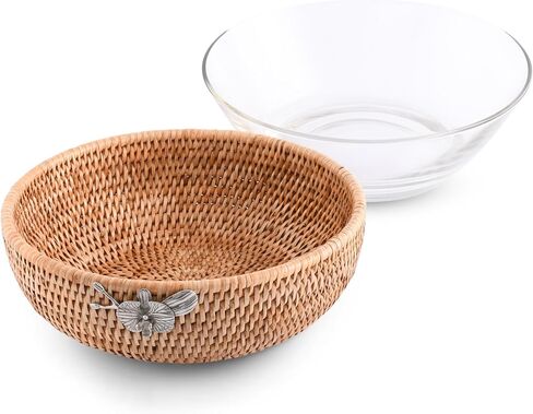 Vagabond House Handmade Lightweight Wicker Fruit Basket – Stylist Functional Rattan Serving Bowl with Orchid Design and Removable Glass Bowl - Wicker Basket Fruit Basket for Kitchen 10.5 inches in Kuwait