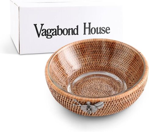 Vagabond House Handmade Lightweight Wicker Fruit Basket – Stylist Functional Rattan Serving Bowl with Orchid Design and Removable Glass Bowl - Wicker Basket Fruit Basket for Kitchen 10.5 inches in Kuwait