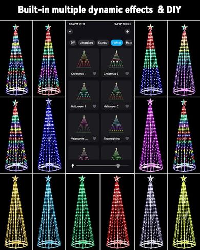 Flacchi Smart Christmas Cone Tree Lights - Star Tree Topper with Removable Bracket, App Control, Sync with Music, Smart Waterfall Colored Lights for Indoor Outdoor Xmas Decorations (6.9ft) in Saudi Arabia