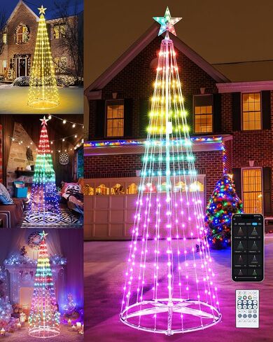 Flacchi Smart Christmas Cone Tree Lights - Star Tree Topper with Removable Bracket, App Control, Sync with Music, Smart Waterfall Colored Lights for Indoor Outdoor Xmas Decorations (6.9ft) in Saudi Arabia