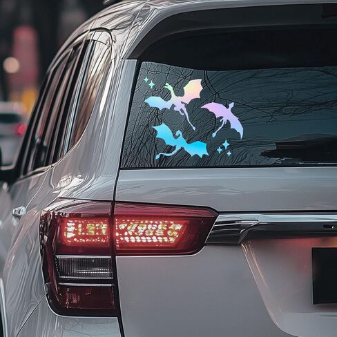 Celestial Dragons Car Decal Vinyl Sticker Halloween Car Decor Dragon Lover Gift Holographic Sticker Gold Green Bumper Flying Dragon Art Car Window Dragons Vinyl Decal (Holographic) in Kuwait