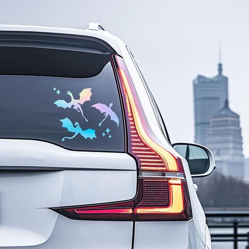 Celestial Dragons Car Decal Vinyl Sticker Halloween Car Decor Dragon Lover Gift Holographic Sticker Gold Green Bumper Flying Dragon Art Car Window Dragons Vinyl Decal (Holographic) in Kuwait