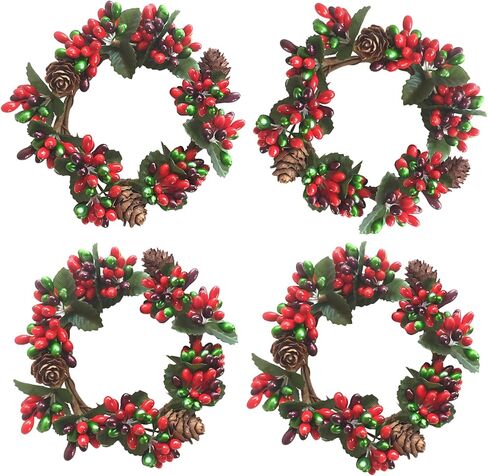 4×Mini Christmas Candle Rings Kitchen Cabinet Wreaths Red Berry Pinecones Artificial Berries Tea Light Rings with Pine Cones Small Wreaths for Xmas Wedding Home Party Decro (Mini Christmas Weath) in Kuwait