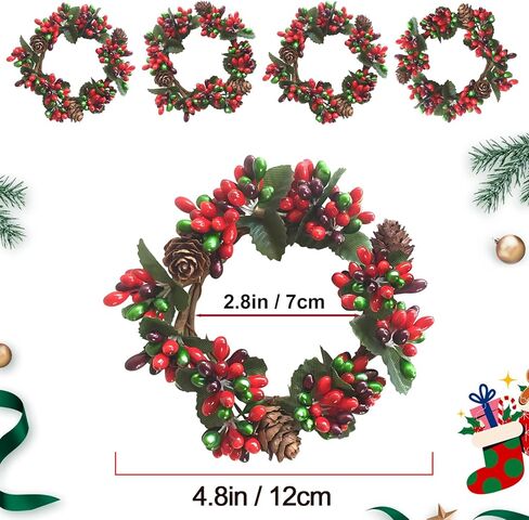 4×Mini Christmas Candle Rings Kitchen Cabinet Wreaths Red Berry Pinecones Artificial Berries Tea Light Rings with Pine Cones Small Wreaths for Xmas Wedding Home Party Decro (Mini Christmas Weath) in Kuwait
