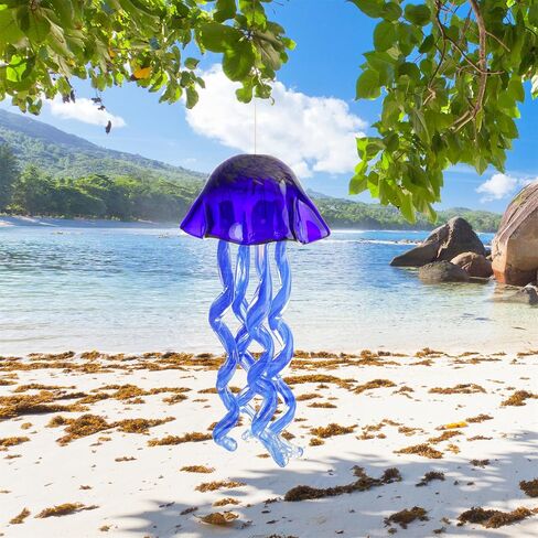 20Inch Art Blown Glass Jellyfish Wind Chime,Handmade Glass Jellyfish Hanging Sun Catcher Wind Chime,Wind Chimes for Outdoor,Animal Glass Blown Wind Chimes for Garden Yard Wedding Decor(Royal Blue) in Kuwait