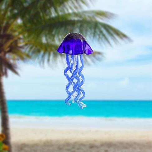 20Inch Art Blown Glass Jellyfish Wind Chime,Handmade Glass Jellyfish Hanging Sun Catcher Wind Chime,Wind Chimes for Outdoor,Animal Glass Blown Wind Chimes for Garden Yard Wedding Decor(Royal Blue) in Kuwait