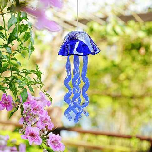 20Inch Art Blown Glass Jellyfish Wind Chime,Handmade Glass Jellyfish Hanging Sun Catcher Wind Chime,Wind Chimes for Outdoor,Animal Glass Blown Wind Chimes for Garden Yard Wedding Decor(Royal Blue) in Kuwait