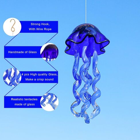 20Inch Art Blown Glass Jellyfish Wind Chime,Handmade Glass Jellyfish Hanging Sun Catcher Wind Chime,Wind Chimes for Outdoor,Animal Glass Blown Wind Chimes for Garden Yard Wedding Decor(Royal Blue) in Kuwait