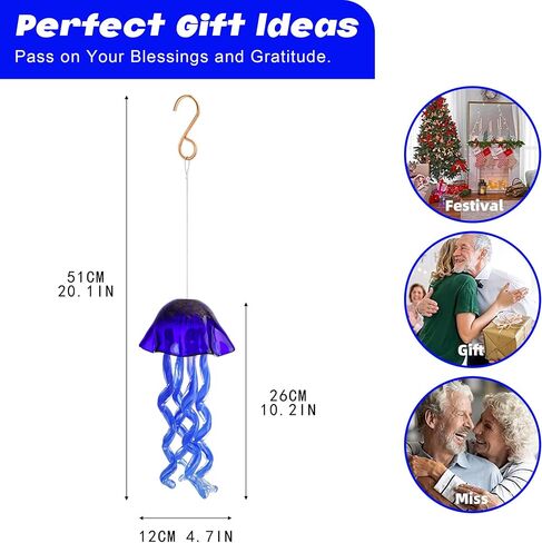 20Inch Art Blown Glass Jellyfish Wind Chime,Handmade Glass Jellyfish Hanging Sun Catcher Wind Chime,Wind Chimes for Outdoor,Animal Glass Blown Wind Chimes for Garden Yard Wedding Decor(Royal Blue) in Kuwait