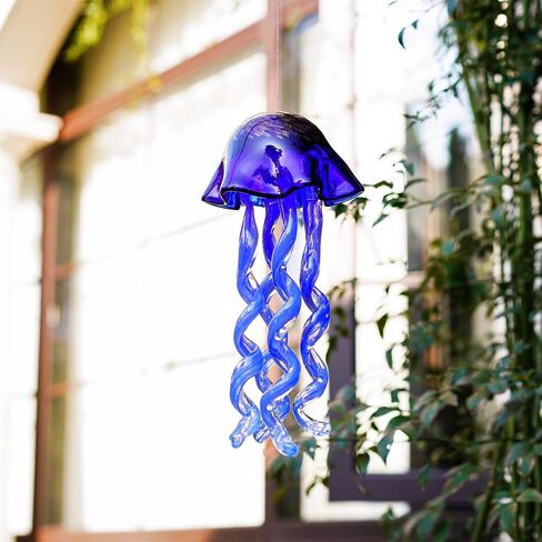 20Inch Art Blown Glass Jellyfish Wind Chime,Handmade Glass Jellyfish Hanging Sun Catcher Wind Chime,Wind Chimes for Outdoor,Animal Glass Blown Wind Chimes for Garden Yard Wedding Decor(Royal Blue) in Kuwait