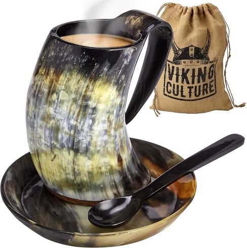 Coffee Horn Mug with Spoon, Plate and Bag, 3 Pc Set, Horned Handle with Rustic Natural Finish, Safely Holds Hot and Cold Tea, Cocoa, Wine, Beer or Mead in Saudi Arabia